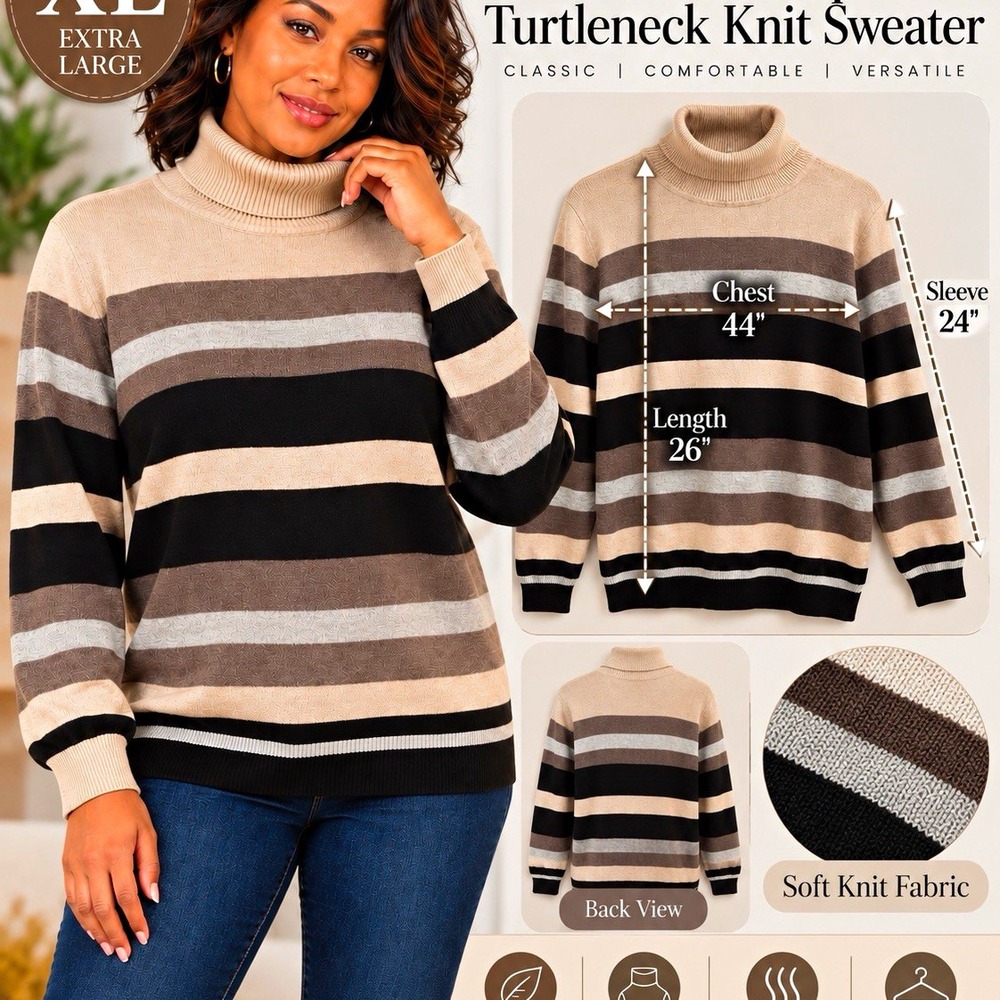 Joseph A Women's XL Beige Black Striped Ribbed Turtleneck Knit Pullover Sweater